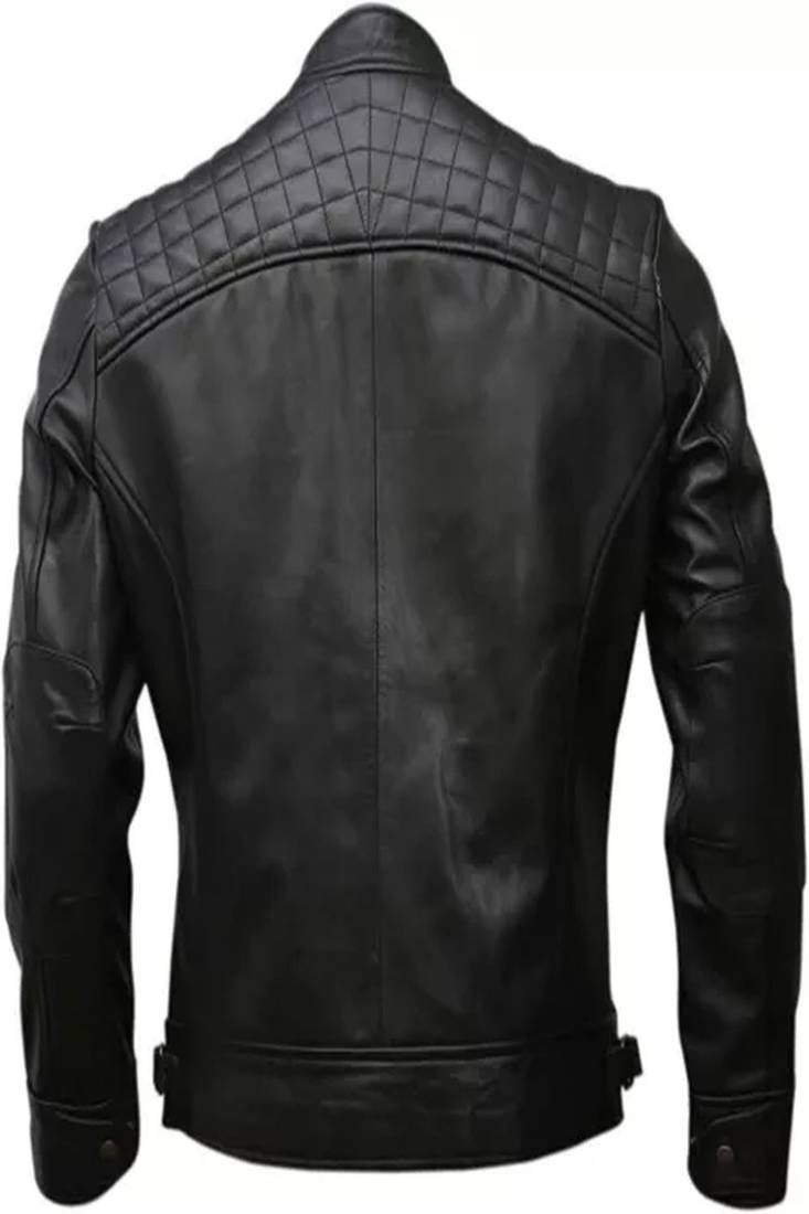 Men's black lambskin leather jacket-quilted shoulder moto jacket