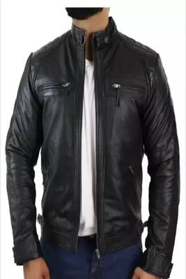 Men's black lambskin leather jacket-quilted shoulder moto jacket 2
