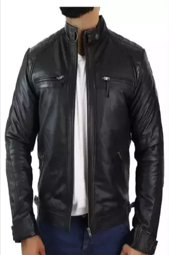 Men's black lambskin leather jacket-quilted shoulder moto jacket