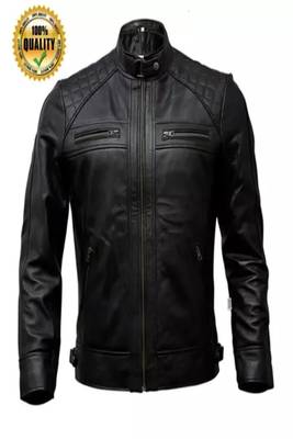 Men's black lambskin leather jacket-quilted shoulder moto jacket 3