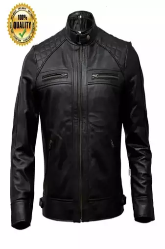 Men's black lambskin leather jacket-quilted shoulder moto jacket