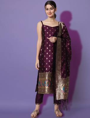 wine fancy cotton silk kurta set 2