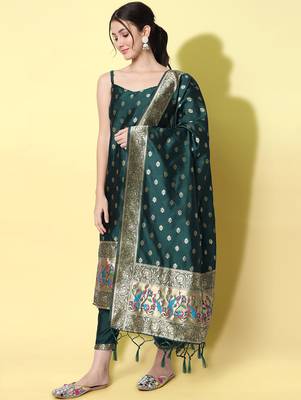 green fancy cotton silk kurta set 2