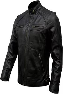 Men's black lambskin leather jacket-quilted shoulder moto jacket 4