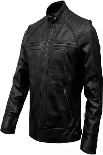 Men's black lambskin leather jacket-quilted shoulder moto jacket