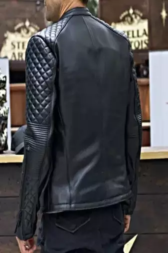 Men's black lambskin leather jacket-quilted shoulder