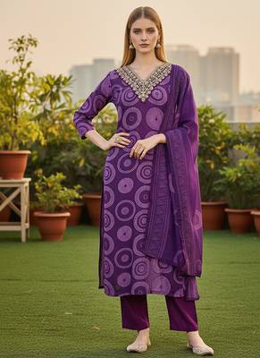 Women's purple rayon printed with embroidery worked straight kurta set with pant & dupatta 3