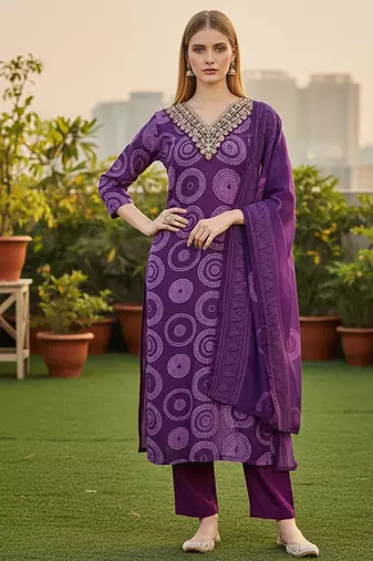 Women's purple rayon printed with embroidery worked straight kurta set with pant & dupatta