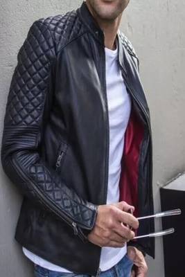 Men's black lambskin leather jacket-quilted shoulder 4