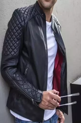 Men's black lambskin leather jacket-quilted shoulder