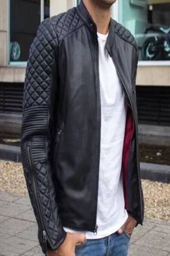 Men's black lambskin leather jacket-quilted shoulder