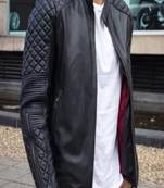 Men's black lambskin leather jacket-quilted shoulder