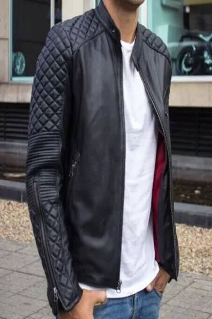 Men's black lambskin leather jacket-quilted shoulder