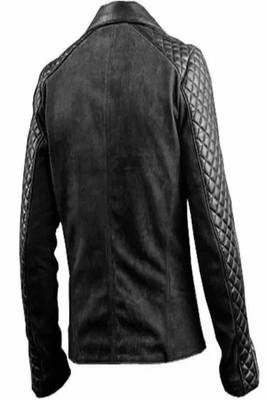 Men's black café racer lambskin leather jacket -quilted shoulder jacket zipper style 2