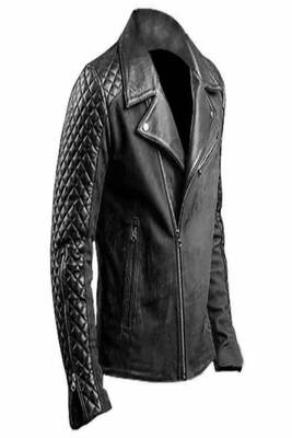 Men's black café racer lambskin leather jacket -quilted shoulder jacket zipper style 1