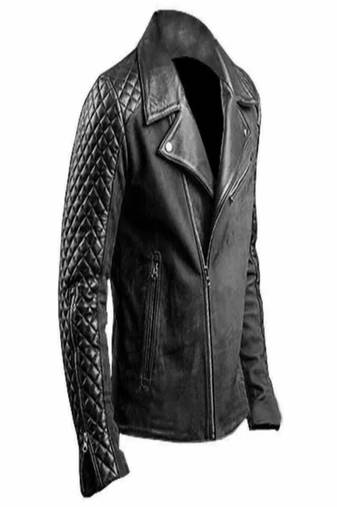 Men's black café racer lambskin leather jacket -quilted shoulder jacket zipper style