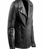 Men's black café racer lambskin leather jacket -quilted shoulder jacket zipper style