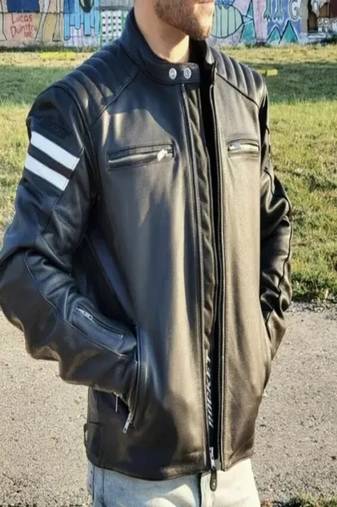 Men's black lambskin leather jacket -quilted shoulder white strip style