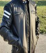 Men's black lambskin leather jacket -quilted shoulder white strip style