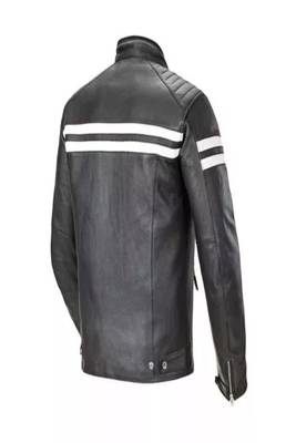 Men's black lambskin leather jacket -quilted shoulder white strip style 2