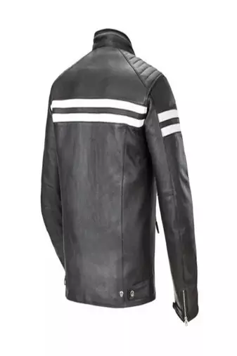 Men's black lambskin leather jacket -quilted shoulder white strip style
