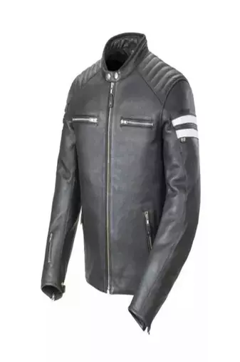Men's black lambskin leather jacket -quilted shoulder white strip style