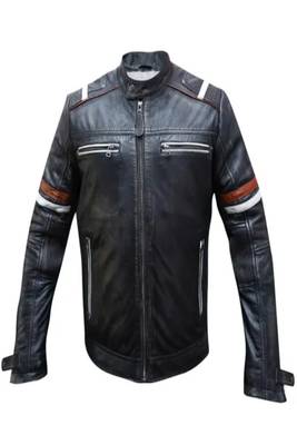 Men's black lambskin leather jacket -quilted shoulder  red white strip style 1