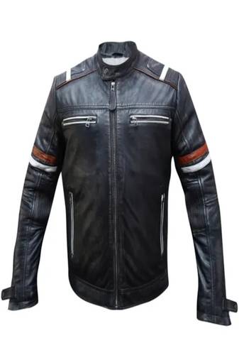 Men's black lambskin leather jacket -quilted shoulder  red white strip style