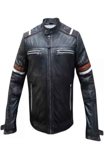 Men's black lambskin leather jacket -quilted shoulder  red white strip style