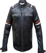 Men's black lambskin leather jacket -quilted shoulder  red white strip style