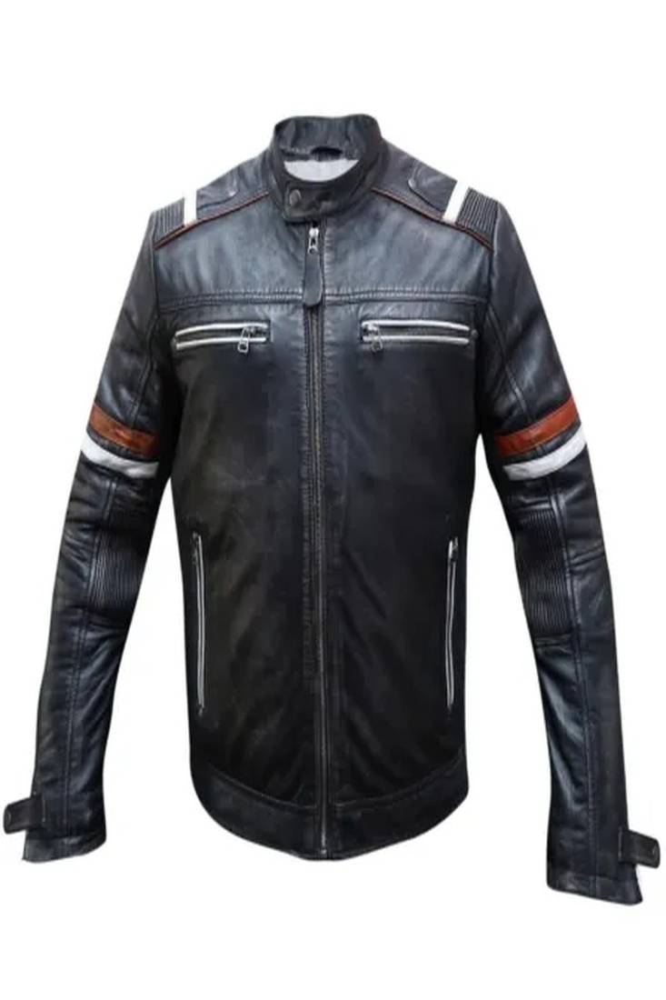 Men's black lambskin leather jacket -quilted shoulder  red white strip style
