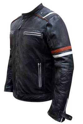 Men's black lambskin leather jacket -quilted shoulder  red white strip style 2