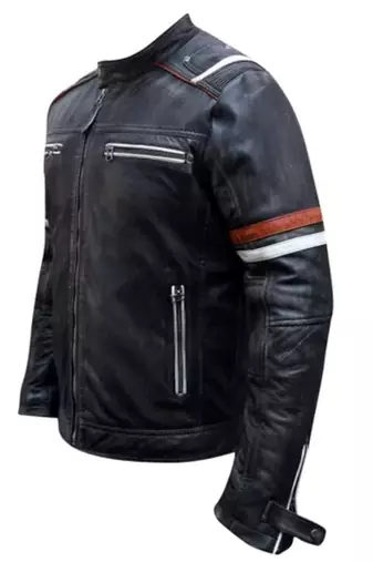 Men's black lambskin leather jacket -quilted shoulder  red white strip style