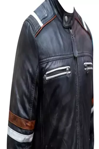 Men's black lambskin leather jacket -quilted shoulder  red white strip style