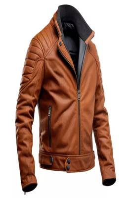 Men's brown  lambskin leather jacket -café racer collar style x-men style 1
