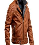 Men's brown  lambskin leather jacket -café racer collar style x-men style