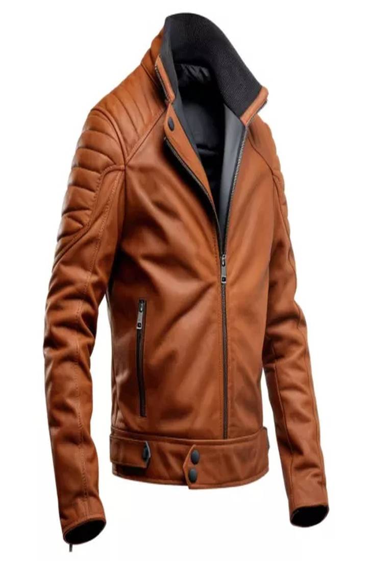 Men's brown  lambskin leather jacket -café racer collar style x-men style