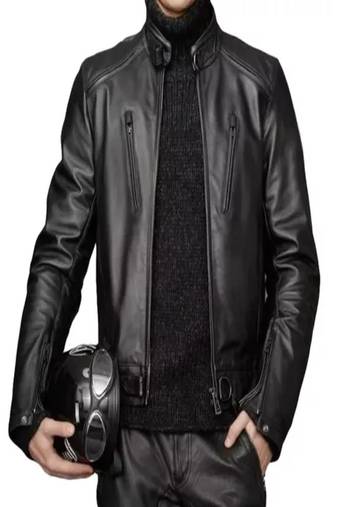 Men's black lambskin leather jacket -café racer