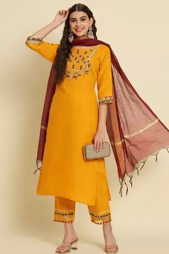 yellow fancy silk blend kurta set