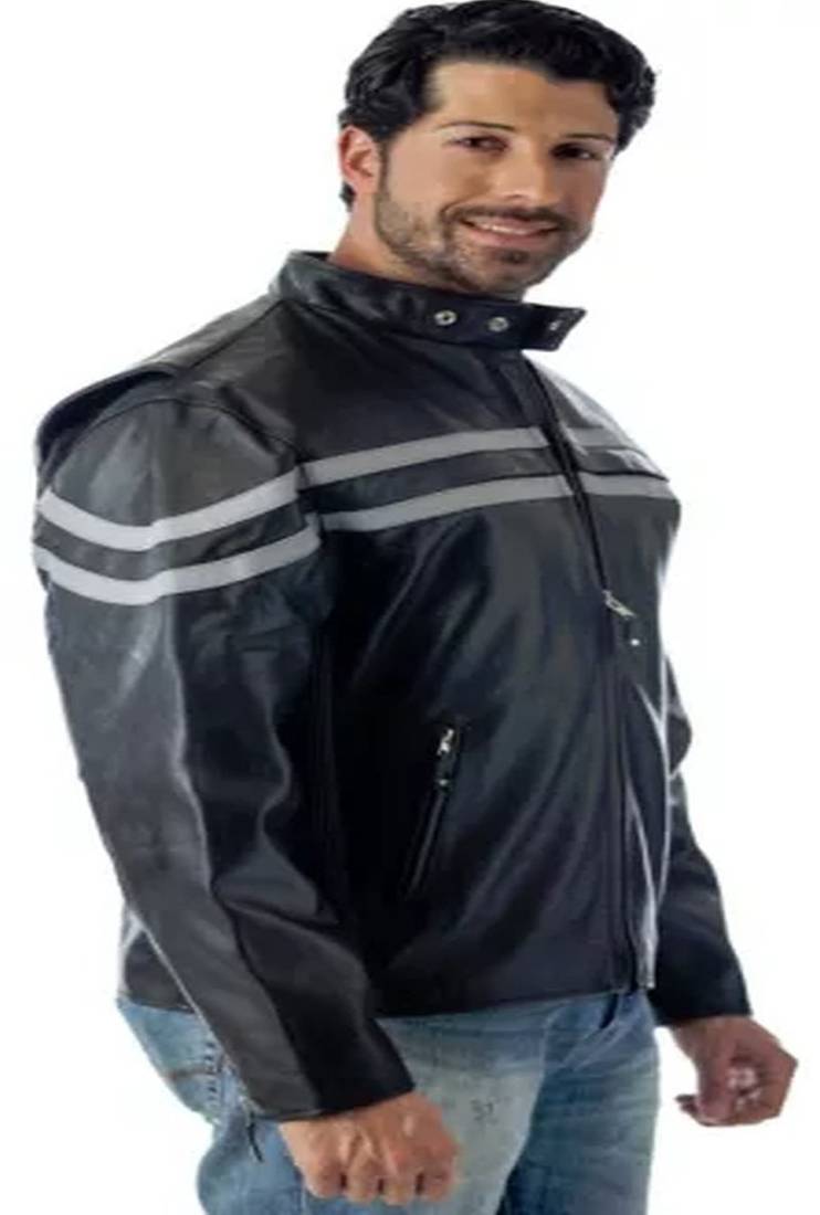 Men's black  white strip  lambskin leather jacket