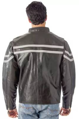 Men's black  white strip  lambskin leather jacket 2