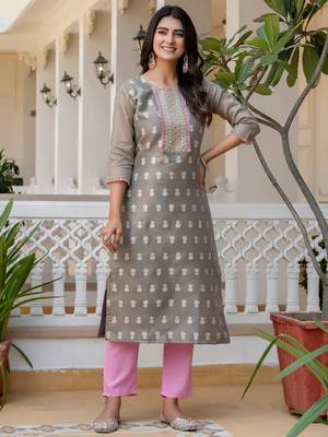 grey fancy silk blend kurta set 1