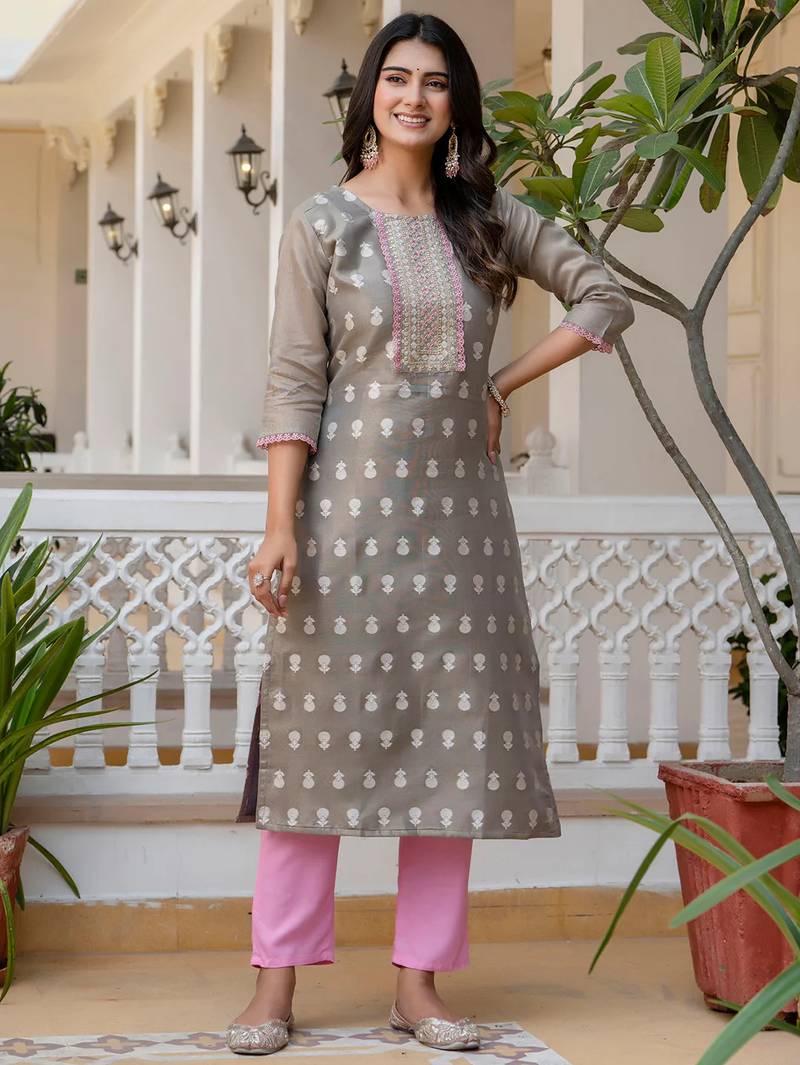 grey fancy silk blend kurta set