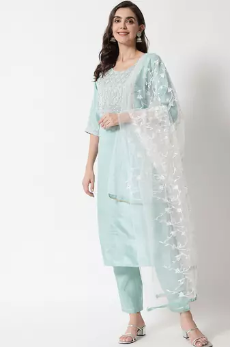 sky-blue fancy silk blend kurta set