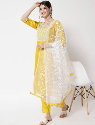 yellow fancy silk blend kurta set 2