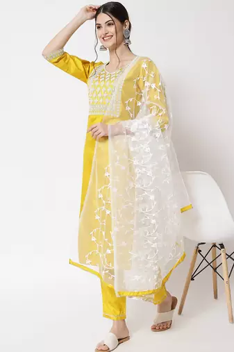 yellow fancy silk blend kurta set