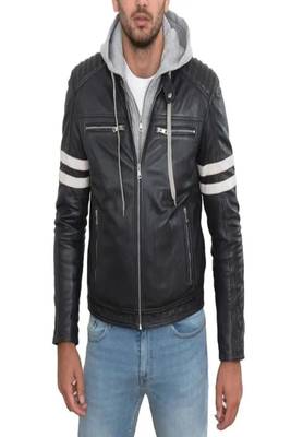 Men's black lambskin leather jacket -hoodie style 1