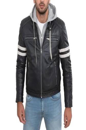 Men's black lambskin leather jacket -hoodie style