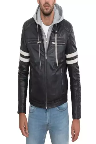 Men's black lambskin leather jacket -hoodie style