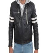 Men's black lambskin leather jacket -hoodie style